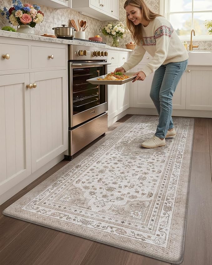 Color&Geometry Kitchen Floor Mats Anti Fatigue, Cushioned Boho Rugs,Waterproof Non Slip Kitchen Runner for Sink, Standing Mats for Office,24"x59",Beige
