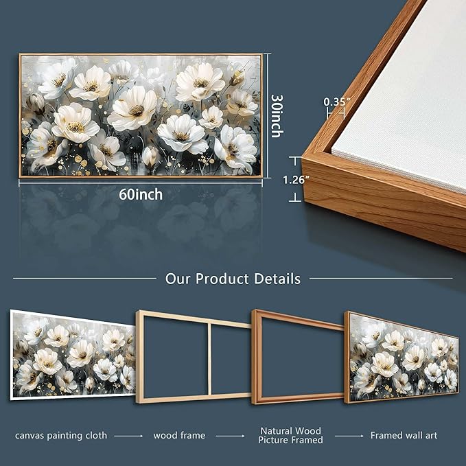 PHAOHUAXM Large Canvas Wall Decor For Living Room Wall Art For Bedroom Office Wall Decorations Print White Ink-Wash Flower-Shaped Wooden Frame Printed Artworks Posters Picture Home Decor 30"X60"