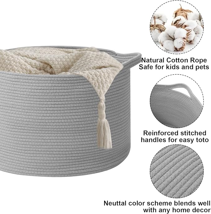Large Storage Basket with Handle,19.7" L x 19.7" W x 13" H Blanket Basket Storage Bins for Organizing,65L Cotton Rope Woven Baskets for Living Room, Nursery ,Bedroom,Light Gry