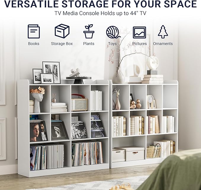 Cozy Castle Bookshelf, 3-Tier Open Bookshelf, 10 Cube Horizontal Bookcase, Storage Organizer with Anti-Tilt Device, Wood Bookcase for Home Office, Bedroom, Living Room, White