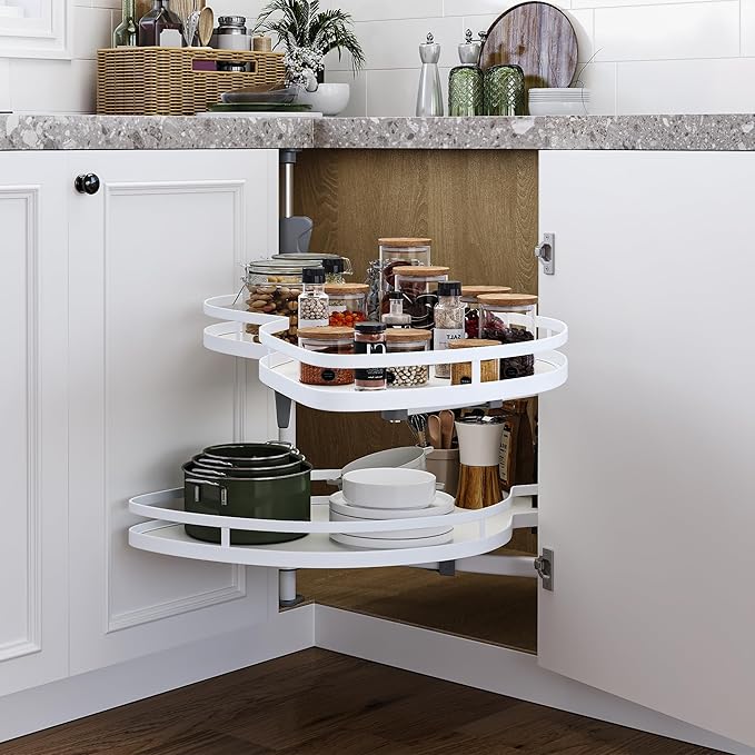 DWVO Corner Cabinet Organizer, 2-Tier Blind Corner Pull Out with 270° Rotating Shelf, Right Swing Tray, Heavy-Duty Iron, Easy-Install Template, 32.7"x17.3"x21.3", White