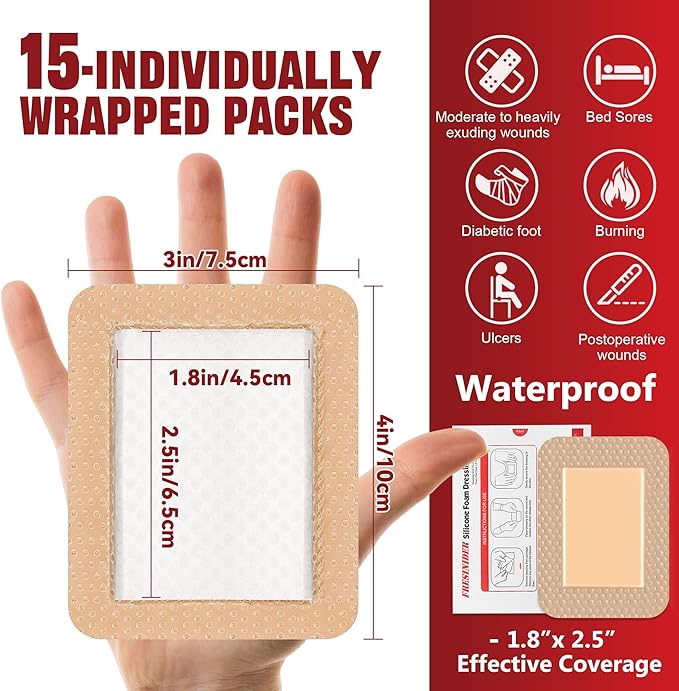 FRESINIDER Silicone Foam Dressing 3" x 4", 15 Pack – Soft Silicone Border Foam Dressing for Pressure Areas, Daily Wound Care & Post-Procedure Use – Absorbent, Breathable & Skin-Friendly