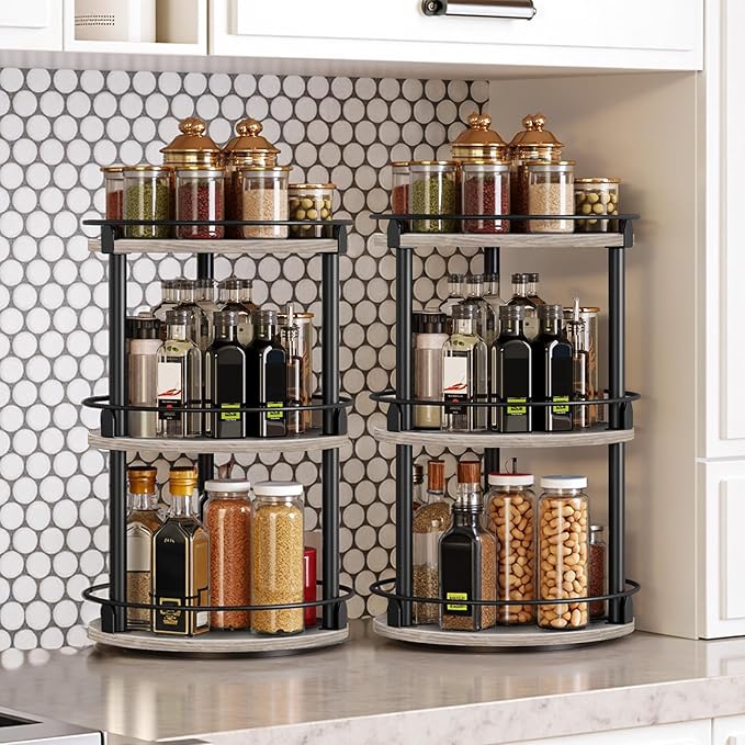 Spice Rack, Set of 2 Lazy Susan Organizer, 3-Tier Turntable Organizer, Rotating Spice Rack Organizer For Cabinet, Compact and Versatile, Greige and Black SR23L2BG
