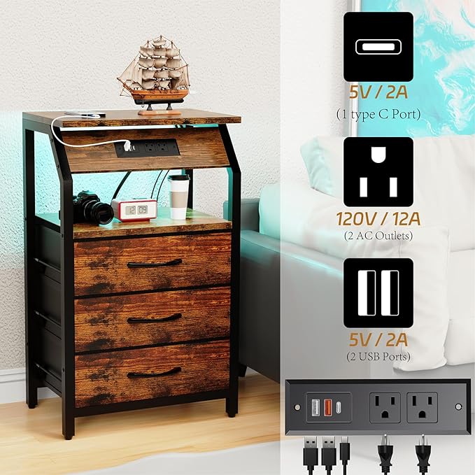 End Table with Charging Station, Nightstand with LED Lights and 3 Drawers, Small Dresser with Fabric Storage, Retro Side Table for Bedside, Living Room Dorm, Rustic Brown