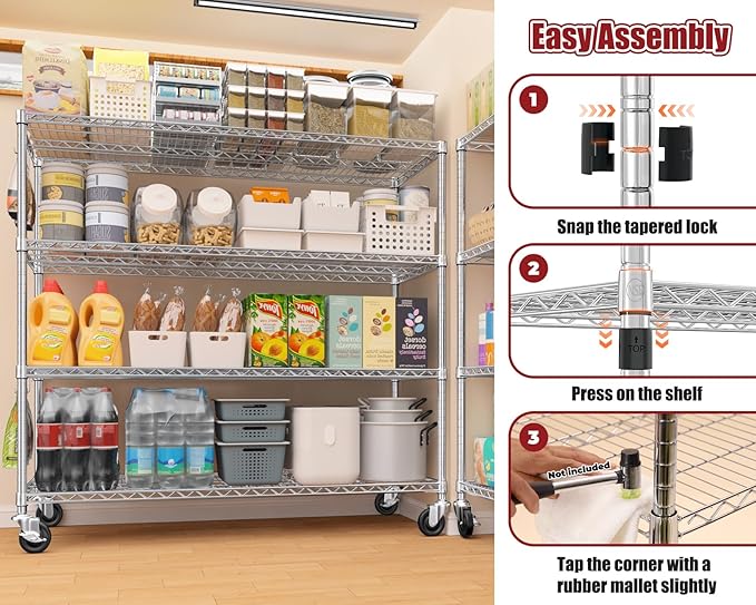 PrimeZone 4 Tier 55.5" Wx24 Dx76 H Wire Shelving with Wheels 2400lbs NSF Certified Storage Shelves Heavy Duty Metal Shelf Adjustable Rolling Rack Commercial Garage Restaurant Warehouse Chrome 2Pack