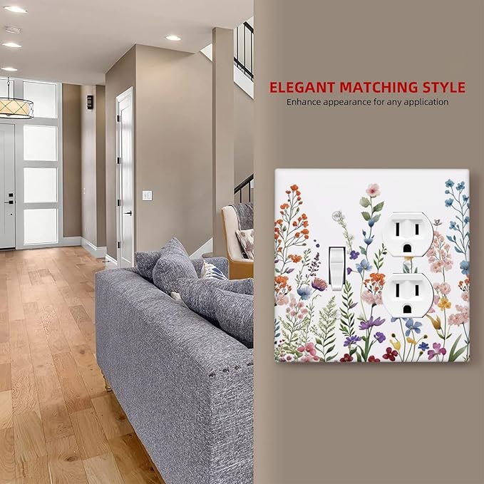 Rustic Wild Floral Vintage Colorful Flowers Outlet Covers 2 Gang Combination 1 Toggle/1 Duplex Light Switch Cover Decorative Gfci Wall Plate Electrical Receptacle Switchplate Bathroom Decor