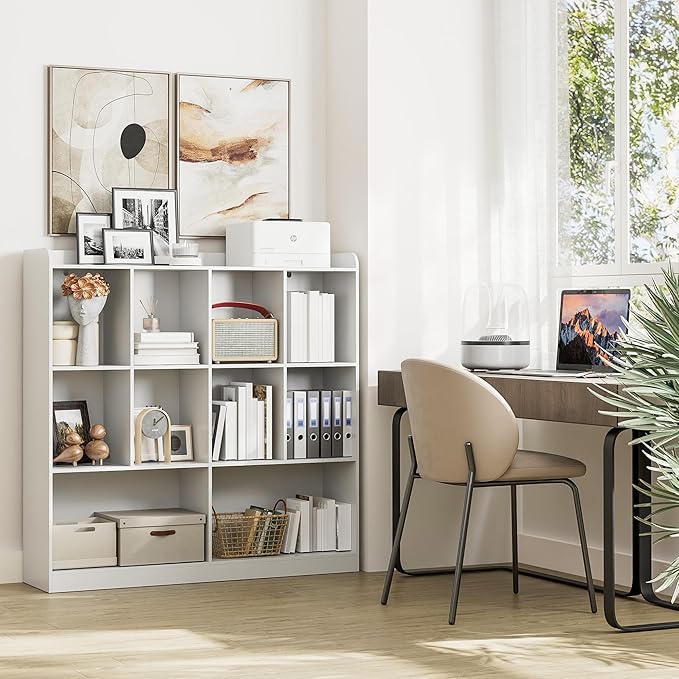 Cozy Castle Bookshelf, 3-Tier Open Bookshelf, 10 Cube Horizontal Bookcase, Storage Organizer with Anti-Tilt Device, Wood Bookcase for Home Office, Bedroom, Living Room, White