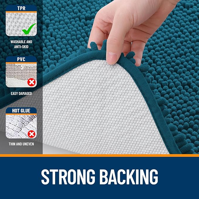 OLANLY Bathroom Rugs 24x16, Extra Soft Absorbent Chenille Bath Rugs, Rubber Backing Quick Dry, Machine Washable Bath Mats for Bathroom Floor, Tub and Shower, Home Decor Accessories, Peacock Blue