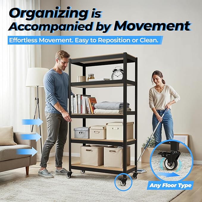 HOMEDANT House 5-Tier Metal Rolling Cart Shelf Rack Casters Heavy Duty Laminated Wheel Shelving Unit Adjustable Utility Storage Shelves Organizer Shelf Kitchen Garage (4, (M) 36.2" W, Black)