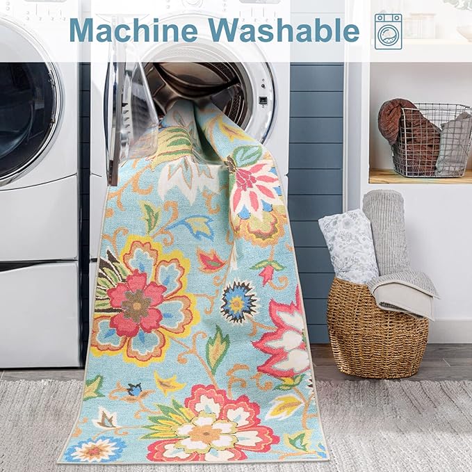 Beeiva Floral Washable Runners for Hallways, 2x6 Ultra Thin Colorful Vintage Plant Bathroom Hallway Runner Rugs with Rubber Backing, Carpet Runner Rug for Hallways Bedroom Entryway Laundry Room