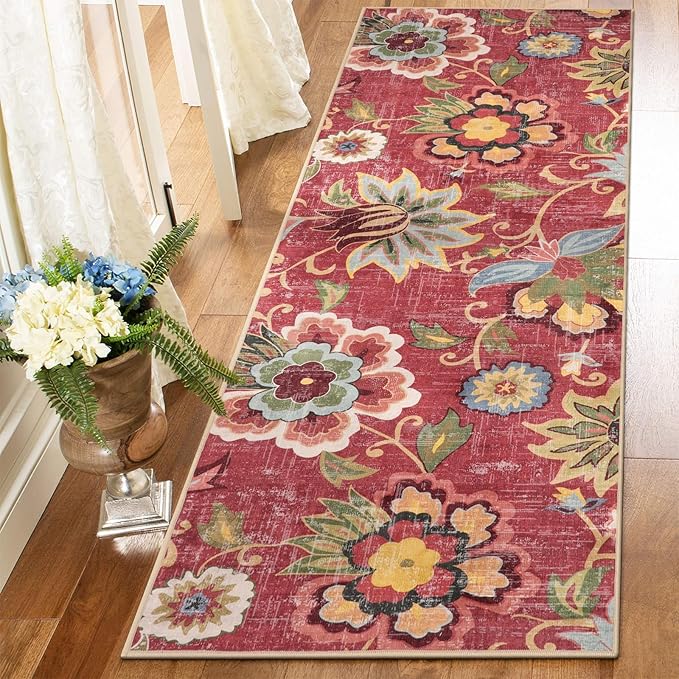 Beeiva Floral Washable Runner Rug 2x6, Red Christmas Runners Rug for Hallway with Rubber Backing, Ultra Thin Vintage Non Skid Washable Carpet for Bedroom Entrway Laundry Room