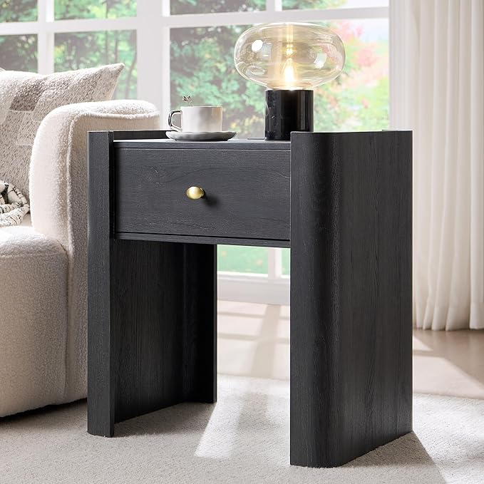 23.6" Tall Modern Nightstand Set of 2, 22" Wide Curved Bedside Table with Charging Station, Wooden Night Stand with 1 Storage Drawer, Large End Table for Bedroom, Living Room, Dark Grey