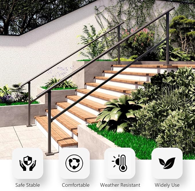 DIYHD 9 Step Handrail for Outdoor,Powder Coated Iron Stair Railing,Black Hand Rails for Indoor, Porch,Deck,2 Pack