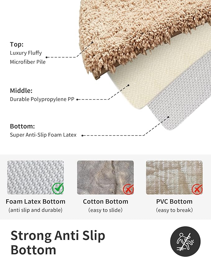 ILANGO Beige Bathroom Rugs 60" × 24" Non Slip & Super Absorbent Extra Thick Soft, Washable Bath Carpet Runner for Floor, Microfiber Plush Shaggy Bath Mats with Rubber for Bedroom Bathtub Shower Room