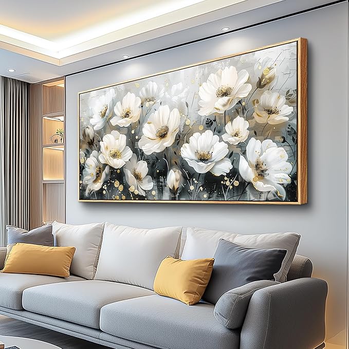 PHAOHUAXM Large Canvas Wall Decor For Living Room Wall Art For Bedroom Office Wall Decorations Print White Ink-Wash Flower-Shaped Wooden Frame Printed Artworks Posters Picture Home Decor 30"X60"