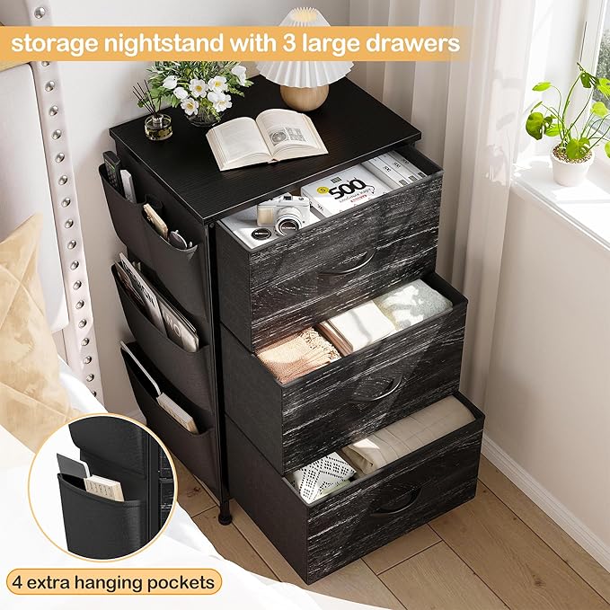 EnHomee Tall Nightstand, Night Stand with Drawers for Bedroom, Bedside Table with Wooden Top, Sturdy Steel Frame End Table, Dorm Nightstand for Bedroom, Entryway, Hallway, Closet, Cloth Bags,Black