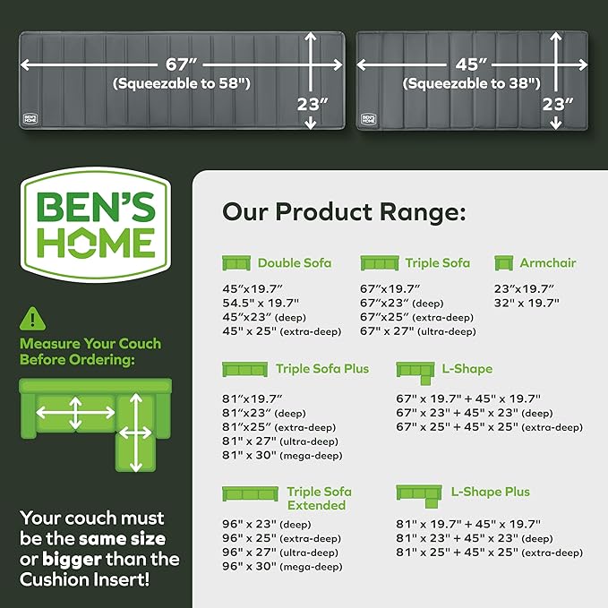 BEN'SHOME® Heavy Duty Sectional Cushion Support Board – Instantly Repair Sagging Sofa Seat | 23" x 67"+45" | .5" Furniture Grade Wood Under Cushions Insert, Anti-Slip, Extend Sofas & Couches Life