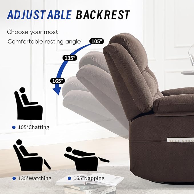 Swivel Recliner Chair for Adults with Massage and Heat,Manual Glider Rocking Recliner Chair with Cup Holds and Pockets,Reclining Rocker Chairs for Living Room R8811(Cocoa)