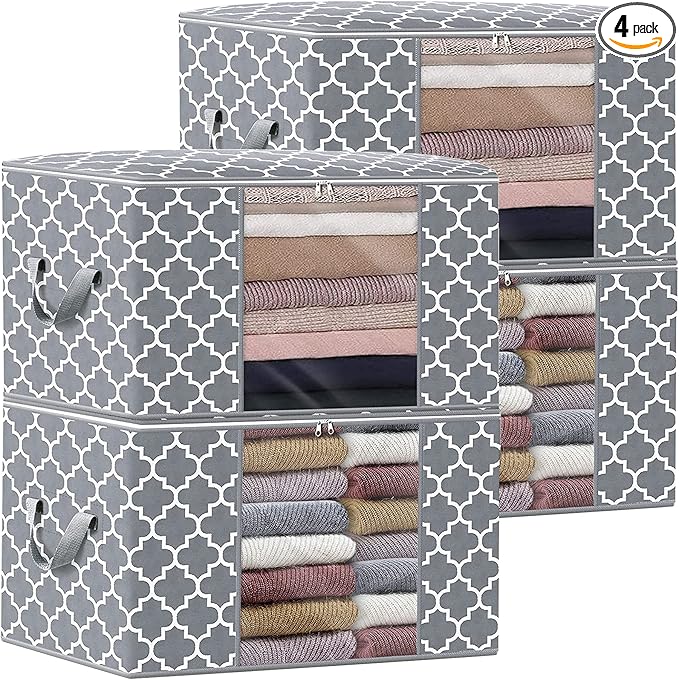 WISELIFE Storage Bags 100L 4-Pack Large Blanket Clothes Organization and Storage Containers for Bedding, Comforters, Foldable Organizer with Reinforced Handle, Clear Window, Sturdy Zippers, Light Grey