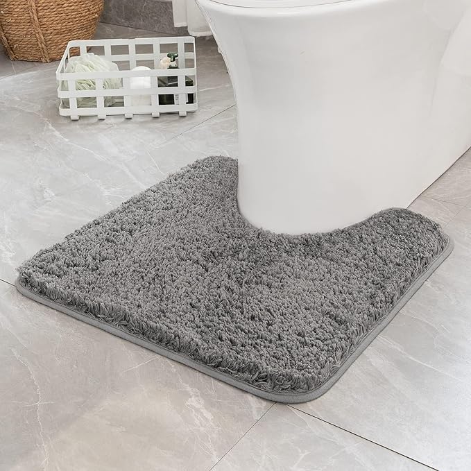 MIULEE Microfiber Toilet Bath Mat U-Shaped Contour Shaggy Bathroom Rugs Non Slip Extra Thick Soft Bath Rug Absorbent Water for Bathroom Commode Machine Washable(24x24 Inch, Grey)