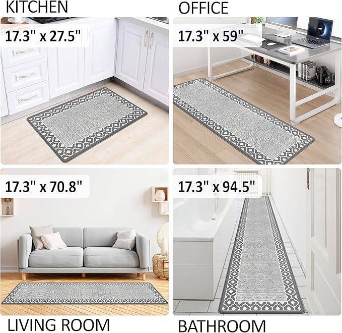 Grey Cushioned Kitchen Mat Anti Fatigue Kitchen Rugs, Heavy Duty Non-Skid, Ergonomic Comfort Foam Kitchen Floor Mat for Home, Office, Sink, Laundry - Gray 17.3"x94.5"