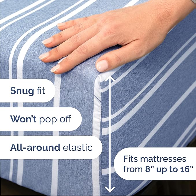Queen 6 Piece Sheet Set - Cooling & Breathable Bed Sheets - Hotel Luxury Bed Sheets for Women, Men, Kids & Teens - Bedding w/Deep Pockets & Easy Fit - Soft & Wrinkle Free - Queen Blue Stripes Sheets