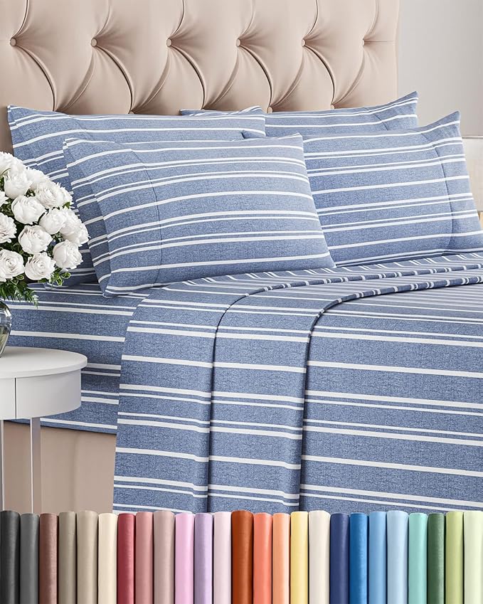 Queen 6 Piece Sheet Set - Cooling & Breathable Bed Sheets - Hotel Luxury Bed Sheets for Women, Men, Kids & Teens - Bedding w/Deep Pockets & Easy Fit - Soft & Wrinkle Free - Queen Blue Stripes Sheets