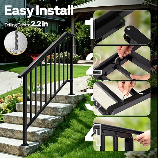 VIVOHOME 2-Pack 5 Step Galvanized Steel Hand Rails for Outdoor Steps – Black Oval and Safety Balusters Exterior Railing for Porch, Deck, or Indoor Stairs, Complete Installation Kit