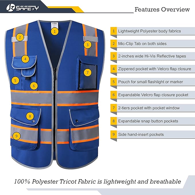 JKSafety 9 Pockets High Visibility Zipper Front Safety Vest | Blue with Dual Tone High Reflective Strips | Meets ANSI/ISEA Standards (901-Blue, XX-Large)