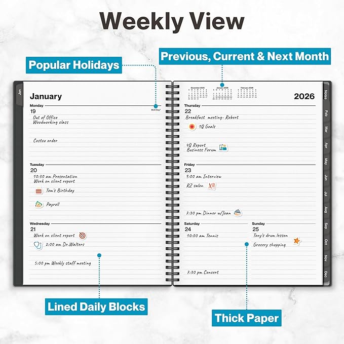 Dunwell 2026 Planner Book 8.5x11, Weekly Monthly Calendar, Jan to Dec, Large Daily Organizer with Laminated Tabs, Bookmark, Notes Section & Stickers