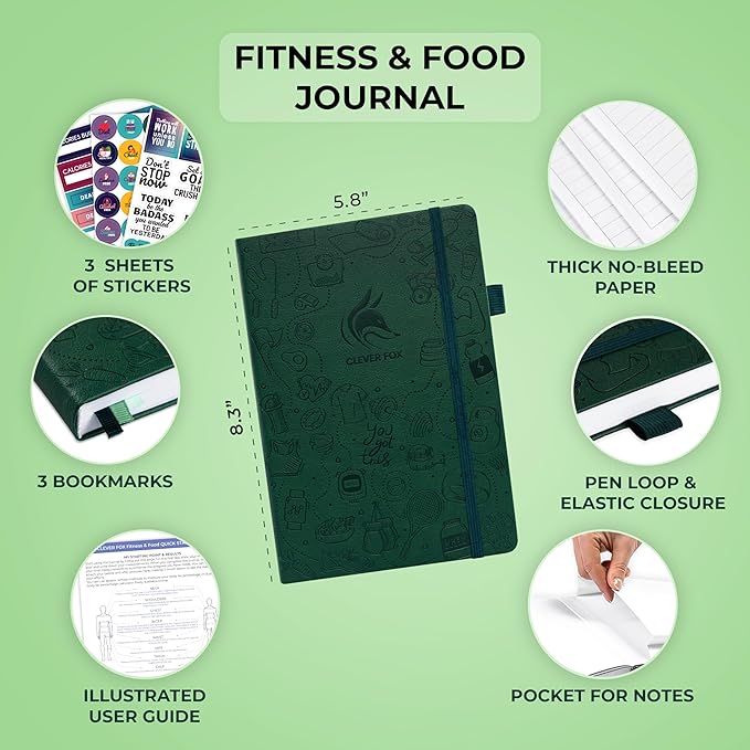 Clever Fox Fitness & Food Journal – Nutrition & Workout Planner for Women & Men – Diet & Gym Exercise Log Book with Calendars, Diet & Training Trackers - Undated, A5 Size, Hardcover (Forest Green)