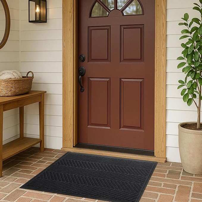Front Door Mat 29.5"x17" Indoors Outdoors Welcome Mats, Waterproof Non-Slip Rubber Backing Heavy Duty Doormat Outside Entrance, Low Profile Entryway Rugs Floor Mat for Patio, Pattern A Black