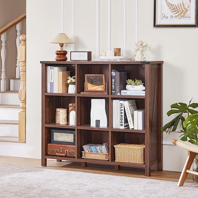 9 Cube Bookcase, Farmhouse 47 Inch Wide Brown Walnut Bookshelf, Wooden 3 Tier Display Large Open Book Shelf, Vintage Horizontal Book Case for Home Office, Cubby Storage Cabinet for Living Room