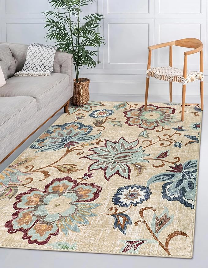 Beeiva Floral 5x7 Living Room Rugs, Non Slip Vintage Washable Beige Rug for Living Room, Paisley Bedroom Carpet with Rubber Backing Ultra Thin Carpet for Dining Room Office