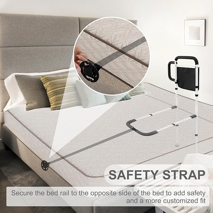 RELIANCER Bed Safety Rail for Elderly Adults w/Support Leg,Dual Handle Assist Grab Bar for Seniors,Adjustable Bedside Support Railings,Bed Side Assist Guard Rails,Bedside Hand Guard Bar Safety Bedrail