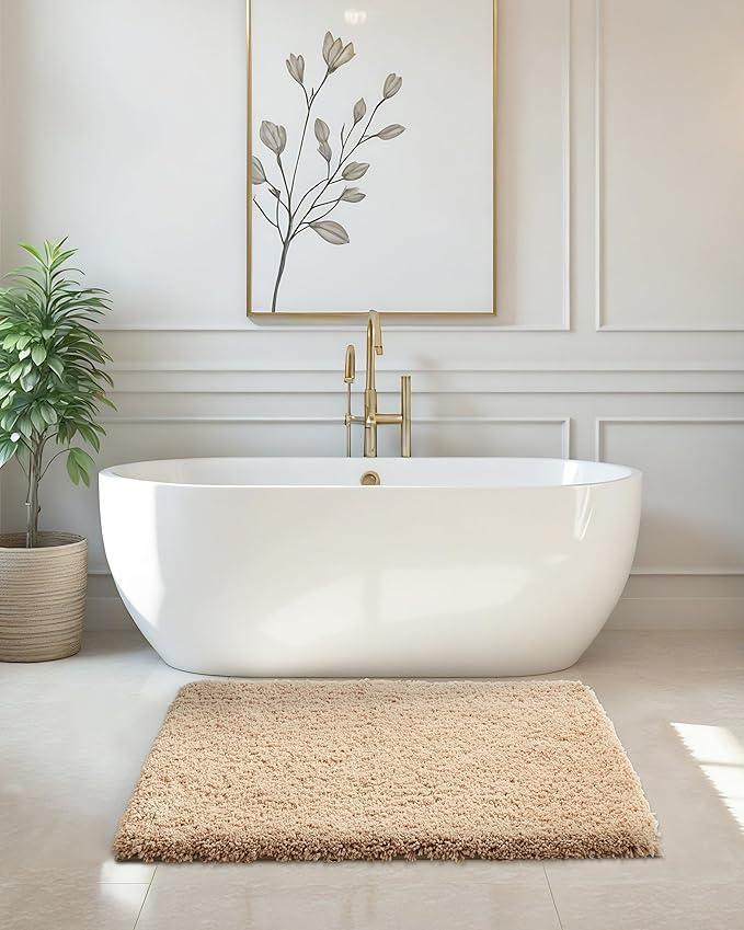 ILANGO Beige Bathroom Rugs 24" × 17" Small Non Slip & Super Absorbent Extra Thick Soft, Washable Bath Mat for Floor, Microfiber Plush Shaggy Bath Rug with Rubber for Bathtub Shower Room Sink