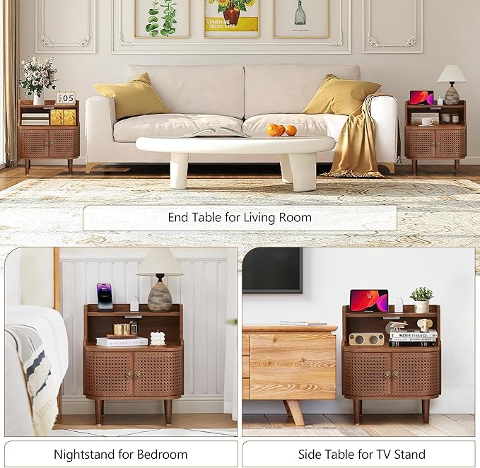 Metal Rattan End Table with Charging Station, Mid Century Modern Nightstand with 2 Doors, Bed Side Table with Storage for Couch,Living Room,Small Spaces, Sofa Side Table for Office,Dorm - Walnut