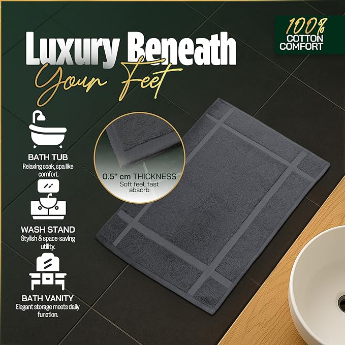 Pearl Linens 100% Ring Spun Cotton Bath Mat (Pack of 2) 18 x 25 Inch, Washable, Soft & Absorbent Terry Bathroom Floor Mat – Not Bathroom Rugs – Quick-Dry After Shower Bath Mat, 687 GSM, Dark Grey