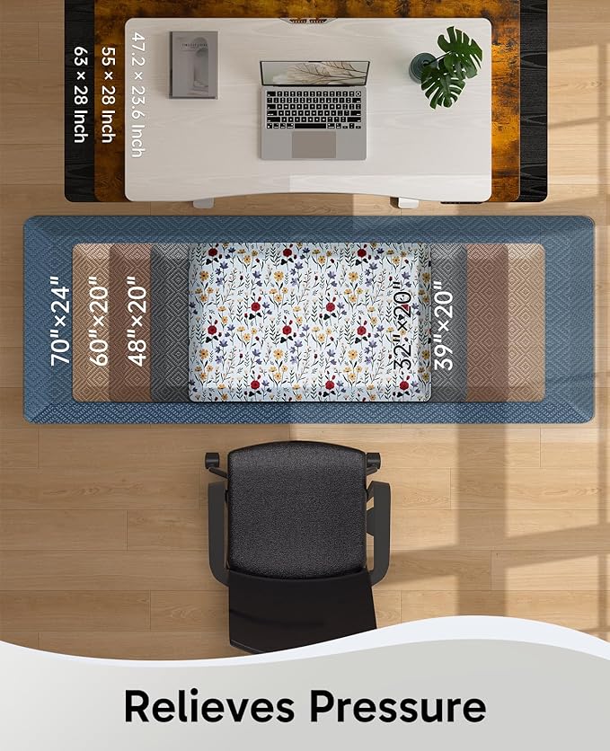 Ophanie Kitchen Mats for Floor, 3/4 inch Thick, 20x32 Anti Fatigue Cushioned Mat, Kitchen Rugs, Waterproof, Comfort Ergonomic Standing Mat for Office, Home, Sink, White Flower Non-Slip Ridged Bottom