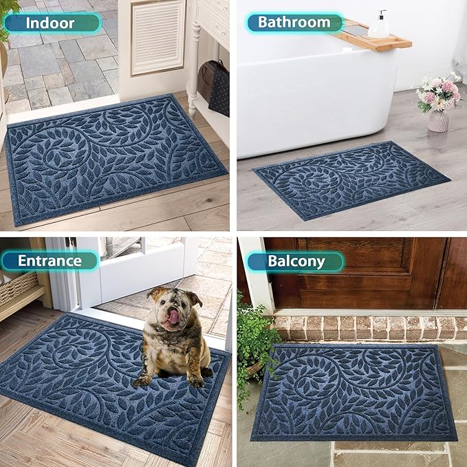 Bulijojo Front Door Mat Entrance,Durable Heavy Duty Welcome Mat,Thick Absorbent Natural Rubber Non Slip Mat,Sturdy Entryway Blue 17"x30"