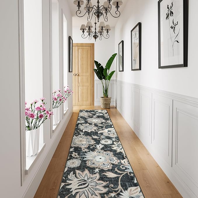 Beeiva Floral Hallway Rug Ruuner, Vintage Black 2.5x12 Kitchen Rugs Non Slip Washable Ultra Thin, No Shedding Printed Distressed Long Kitchen Runner Rug for Bedroom Bathroom