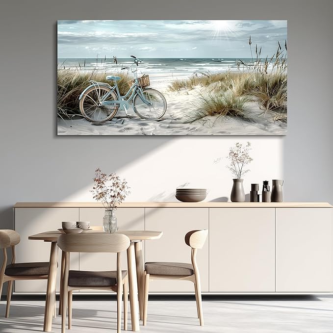 FUHAIHUA Large Wall Decor For Living Room Canvas Wall Art For Bedroom Modern Office Decoration Blue Beach Bicycle Seascape Painting Ocean Landscape Wall Pictures Artwork Home Decor Posters 24"X48"