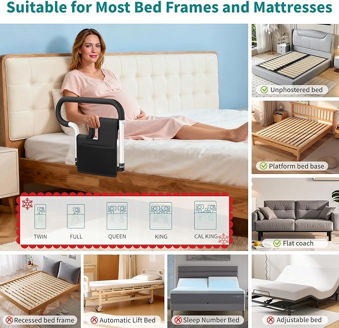 Bed Rails for Elderly Adults Safety, Adjustable Bed Assist Rail for Seniors, Bed Safety Rail with 2 Storage Bag and Fixing Strap, Fit King, Queen, Full, Twin, Supports 300 lbs