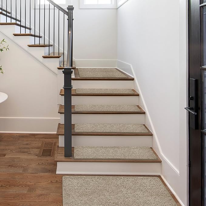 PURE ERA Carpet Stair Treads Tape Free Non Slip Indoor Stair Carpet Stair Protectors Pet-Friendly Non-Slip Skid Resistant Washable Reusable 8" x 30"(14 Pieces,Cream Gray)