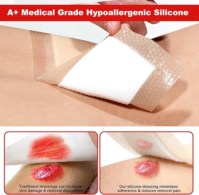FRESINIDER 4" x 8" Pack of 10 Silicone Foam Wound Dressing - Waterproof Adhesive Bandages with Bordered - Super Absorbent & Breathable for Optimal Wound Care