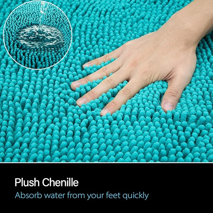 LOCHAS Luxury Bathroom Rug Shaggy Bath Mat 24 x 36 Inch, Washable Non Slip Bath Rugs for Bathroom Shower, Soft Plush Chenille Absorbent Carpets Mats, Teal Blue