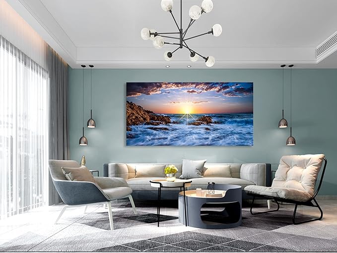 Muolunna S05875 Wall Art Decor Canvas Print Picture Sunset Blue Ocean 1 Panel Sea Waves Scenery Painting Artwork for Office Wall Decor Home Decoration Stretched and Framed Ready to Hang 30x60inch