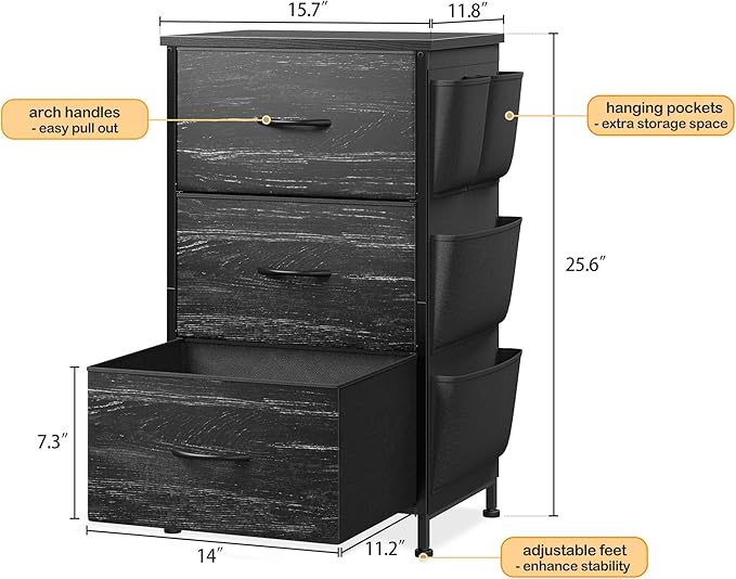 EnHomee Tall Nightstand, Night Stand with Drawers for Bedroom, Bedside Table with Wooden Top, Sturdy Steel Frame End Table, Dorm Nightstand for Bedroom, Entryway, Hallway, Closet, Cloth Bags,Black