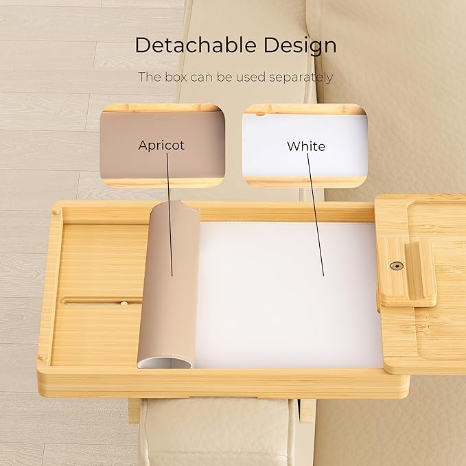 Wealone Bamboo Couch Arm Tray for Wide Couch, Sofa Arm Clip Table with Storage Box, Couch Armrest Tray with 360°Rotating Phone Holder, Sofa Arm Table Clip for Eating, Drinks or Dining