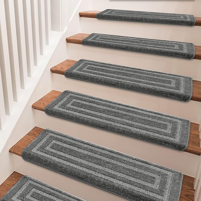 PURE ERA Bullnose Carpet Stair Treads Set Tape Free Non-Slip Indoor Stair Protectors Pet Friendly Rugs 9.5" x 30"(2 Pieces,Grey Rectangular)